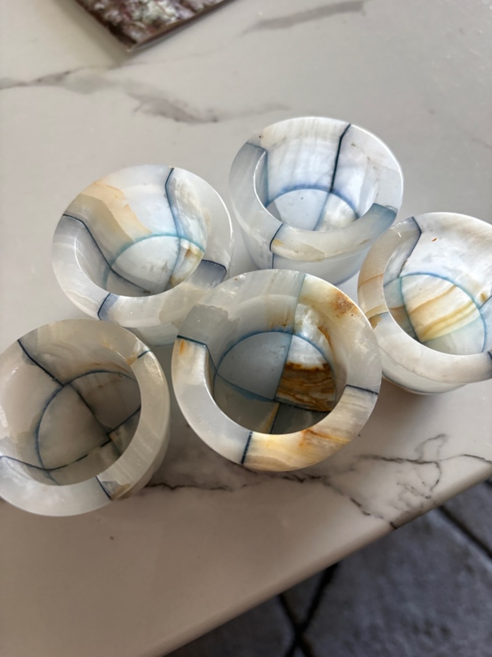 Set of five marble teacups from Iraq - White with Blue & Gold Veinings.